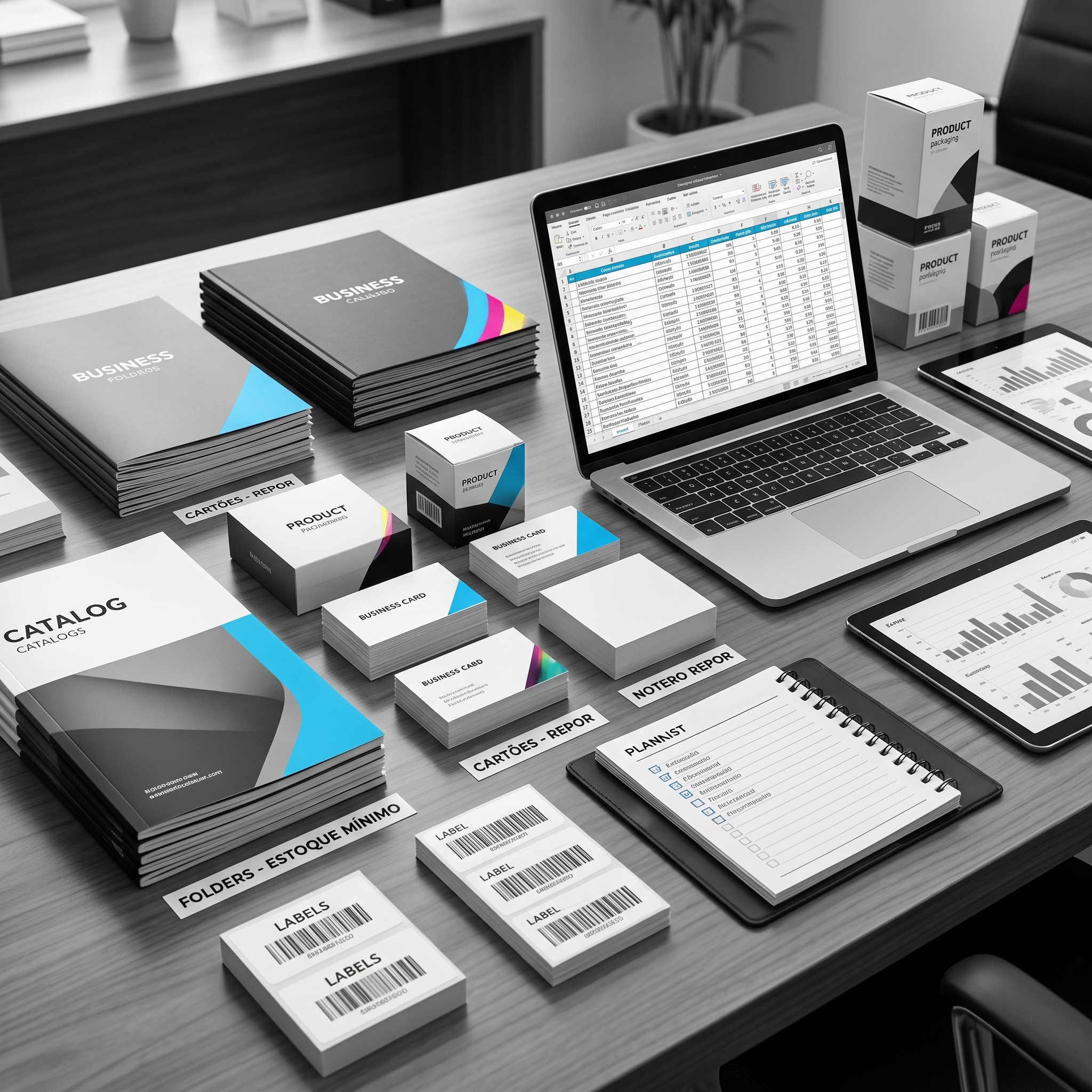 Materiais gráficos organizados para controle e reposição recorrente em uma empresa