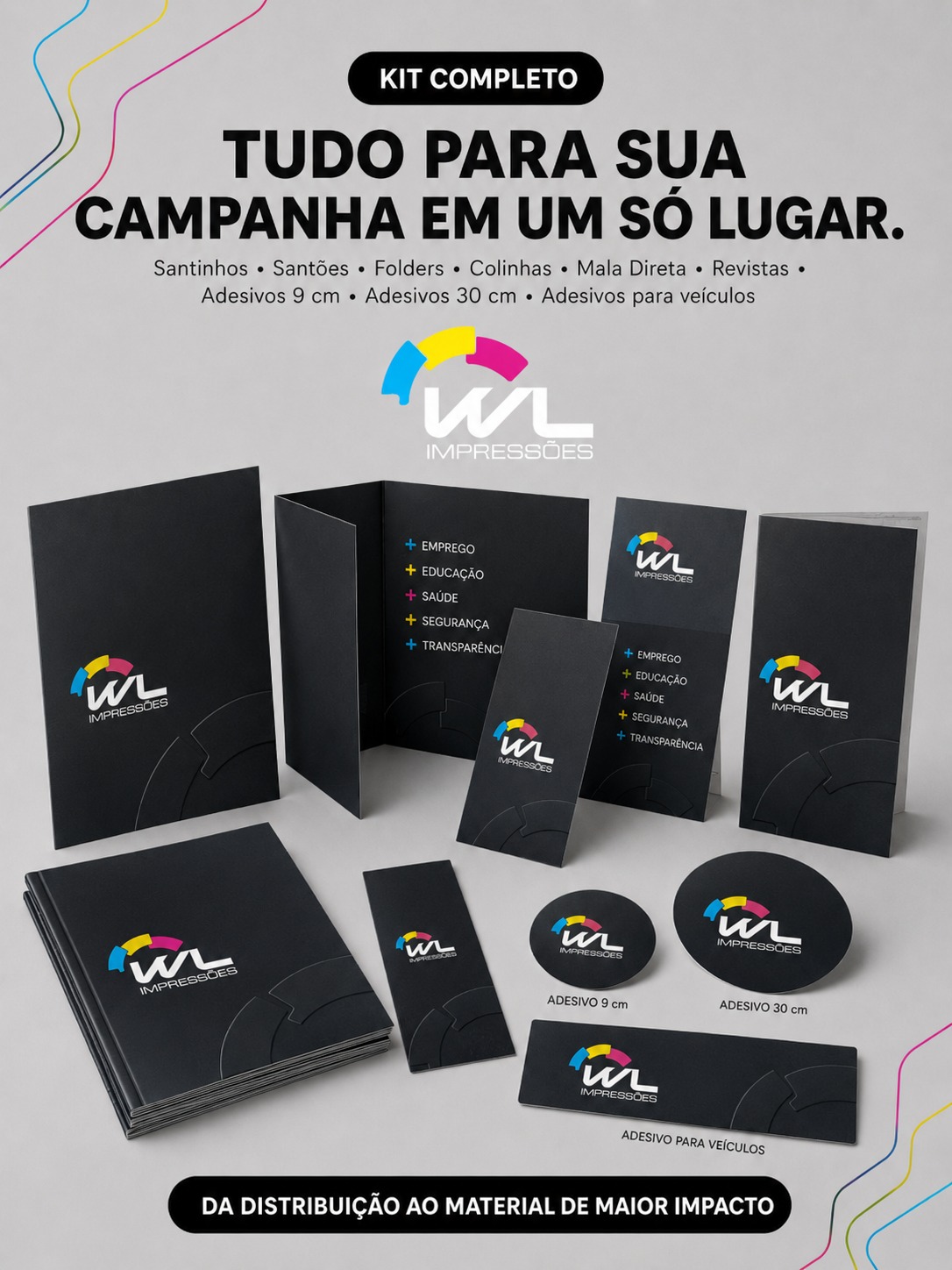 Kit eleitoral 2026 com santinhos, folders, adesivos e materiais gráficos para campanha